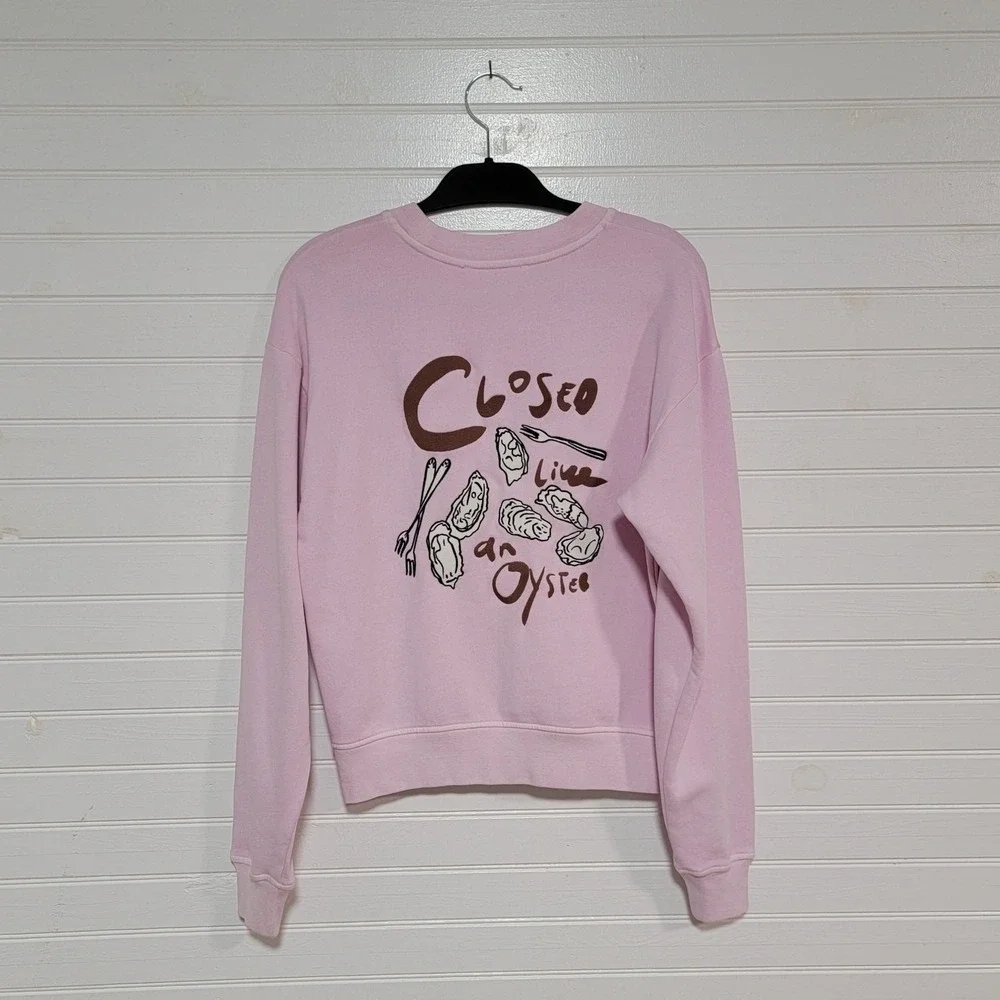 NWT Closed Pink Embroidered Logo Crew Neck Sweatshirt‎ Size Small Oyster